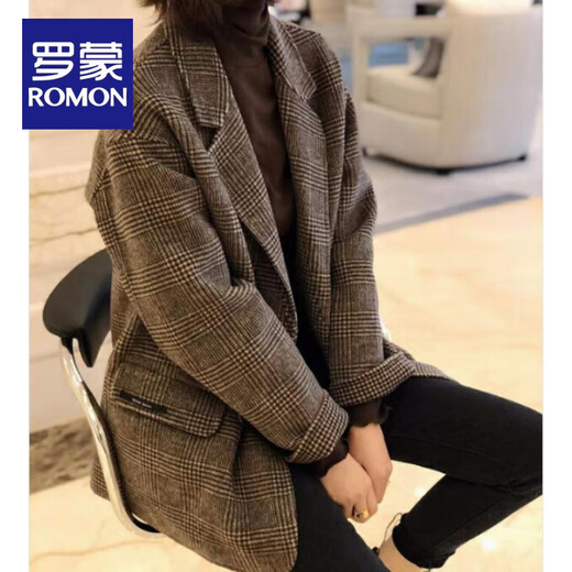 ROMON plus size women's 2025 spring and autumn style plaid suit woolen coat thickened quilted mid-length woolen coat brown 3XL (recommended 160-180Jin Jin equals 0.5 kg)