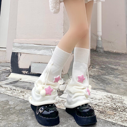 JIOESC knitted socks set pile socks for women autumn and winter Lolita cute fur ball socks jk medium long tube wide leg trumpet white leg sleeves white-pink star with fur ball casual and versatile 1 pair one size