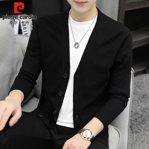 Pierre Cardin Cardigan Sweater Men's Autumn and Winter Slim Outerwear V-neck Sweater Men's Tops Wool Clothes Dark Gray XL