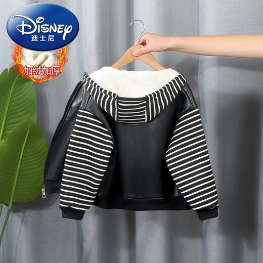 Disney (Disney) children's leather jacket and velvet jacket, boys' handsome jacket, baby's autumn and winter new Korean style top leather jacket, velvet leather jacket - white stripes 130 cm