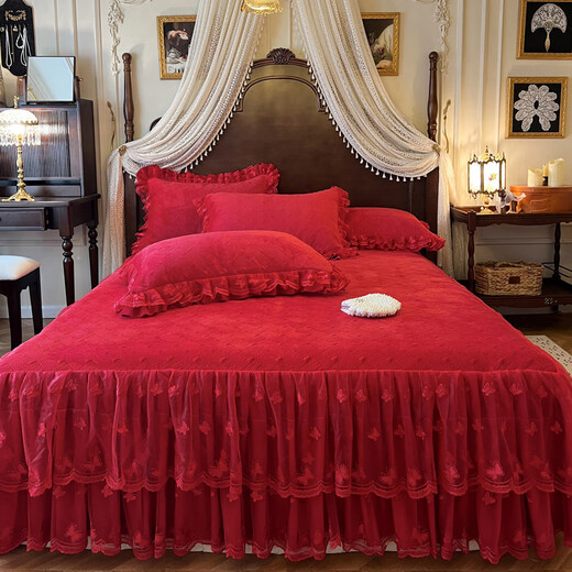 Yalu 2025 new French princess lace baby velvet thickened bed skirt four-piece set winter quilted non-slip bedspread quilt cover Xiangshe Liying-Sakura Pink Bedskirt 1.8*2.2 four-piece set-quilt cover 200*230