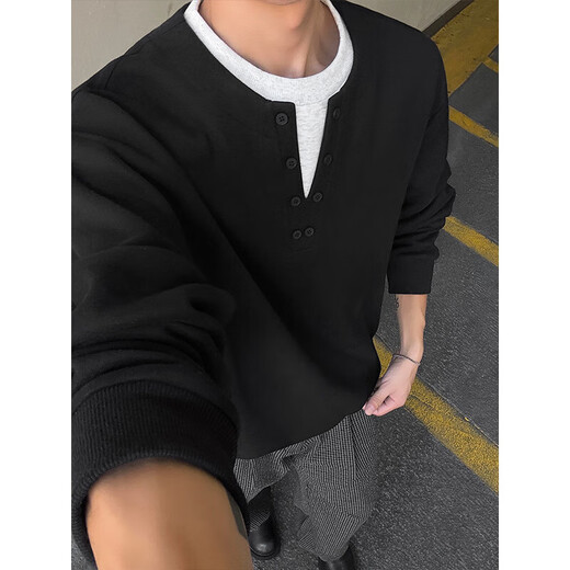 Fake two-piece Henry collar velvet sweatshirt men's autumn and winter cleanfit heavyweight inner layering shirt V-neck long-sleeved t-shirt white flower gray (plus velvet) plus velvet 2XL