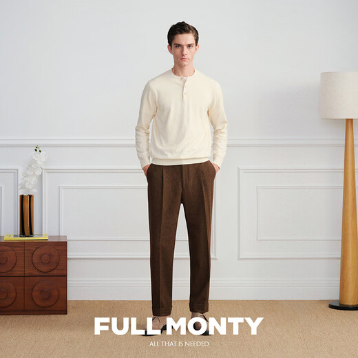 FULL MONTY old money style Henry collar sweater, men's casual black button cashmere blend sweater 25 autumn and winter, milk white 70132 S