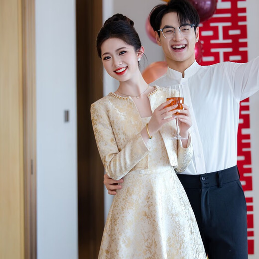 Libaixin toast dress, engagement dress, home casual dress, petite, fragrant two-piece dress, autumn long sleeves, elegant and decent, champagne color, one set plus vest, L recommended 105-110 Jin Jin equals 0.5 kg