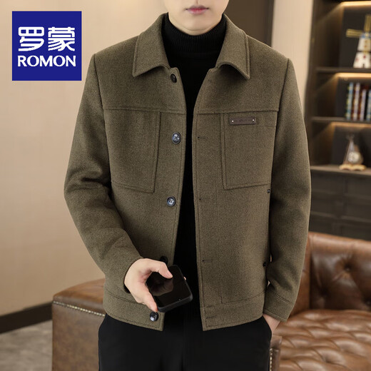 ROMON wool jacket men's short velvet thickened jacket autumn and winter men's new casual slim lapel woolen top Khaki XL 180/100A 130-150Jin Jin equals 0.5 kg