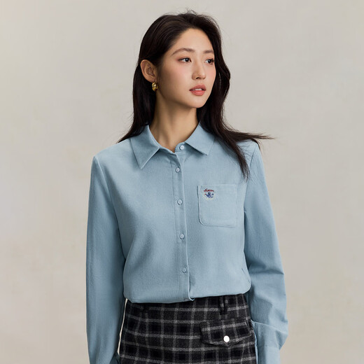 INMAN pure cotton simple commuter long-sleeved shirt for women 2025 autumn retro embroidered loose lapel corduroy shirt light aqua XL