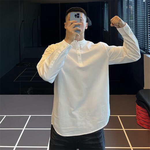 IRONTRAP pure cotton Henry collar loose Japanese shirt men's daily commuting shirt arc hem long sleeve autumn and winter white M