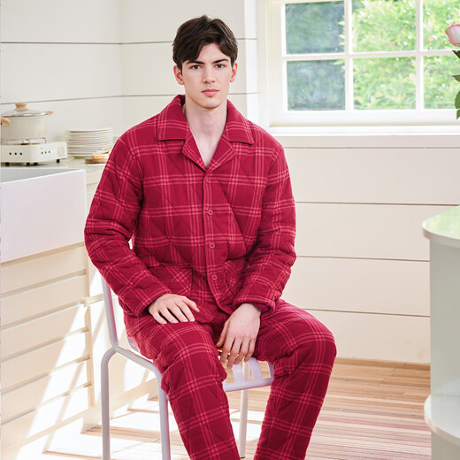 American Standard gift couple's pajamas for women, thickened and warm, three-layer quilted, can be worn outside, red plaid suit, home clothes, cherry red (men) L