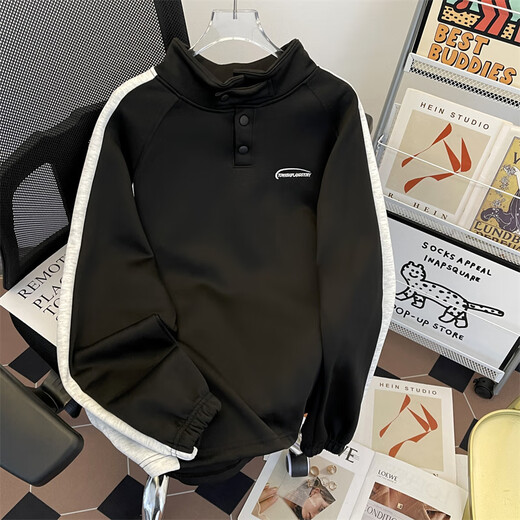 Capti Spring and Autumn Outdoor Striped Texture Sweatshirt National Trend Henry Collar Cotton Sweatshirt Men's Training Long Sleeve Heavy Jacket Gray M