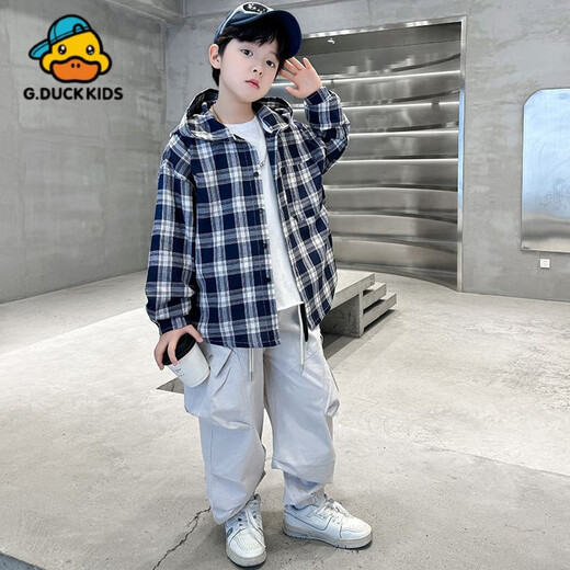 G.duck little yellow duck boys plaid shirt 2025 new children's spring and autumn tops, medium and large children's fashionable hooded outer H1 green hooded plaid shirt 110 cm size recommended height 100-110 cm