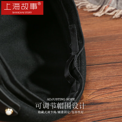 Shanghai Story Women's 100% wool woolen hat autumn and winter newsboy hat thickened and warm as a birthday gift, black