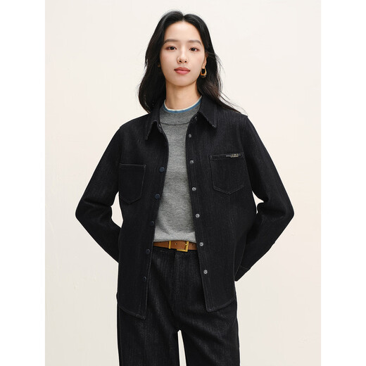 JUZUI relaxed British style H-shaped denim shirt for women 2025 winter new style JWFD60109 dark blue S
