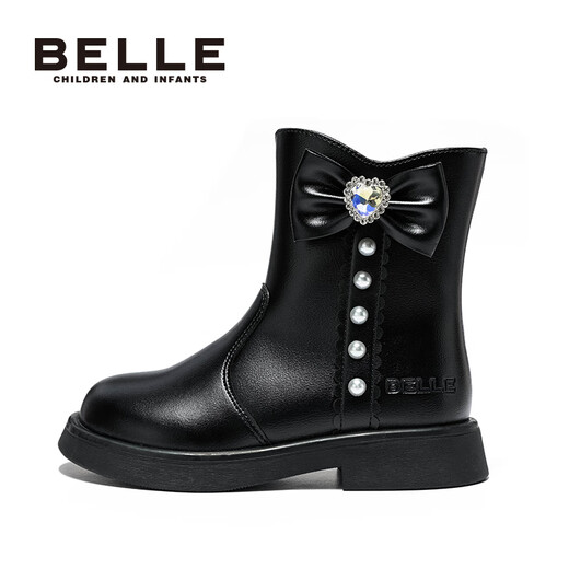 Belle Children's Shoes Winter Children's Velvet Boots Girls Fashion Boots Princess Leather Boots Warm Short Boots Black 35