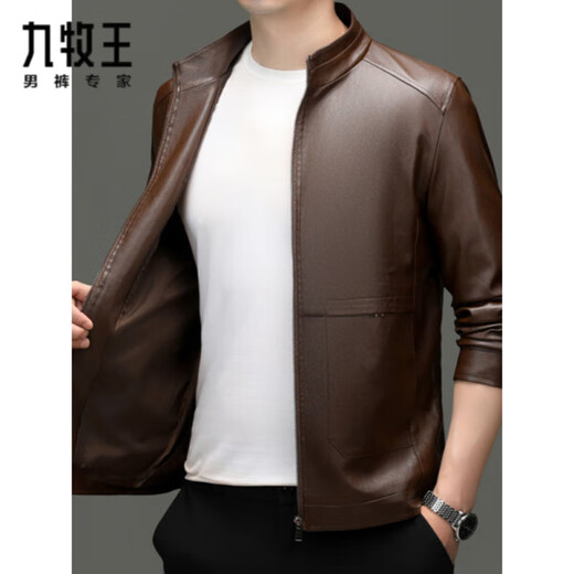 Jiumuwang men's leather jacket short stand collar zipper autumn and winter casual jacket PU leather top middle-aged dad men's jacket black M