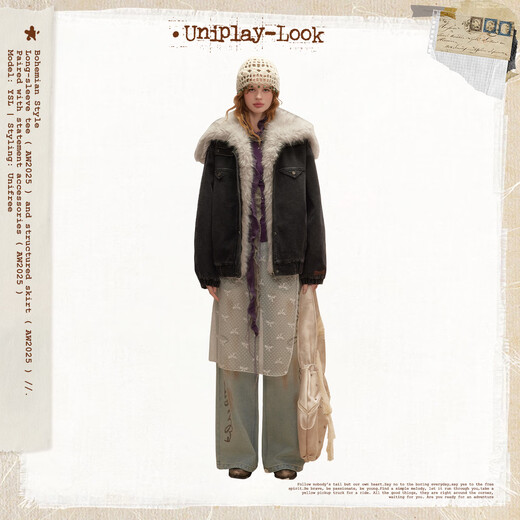 UNIFREE denim patchwork jacket for women in autumn loose and crisp motorcycle style thickened fur collar versatile top dark gray L