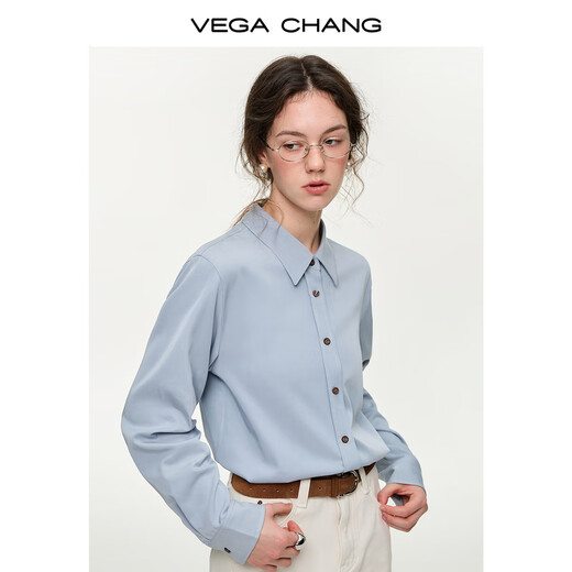 VEGA CHANG Light Blue Maze Light Blue Shirt Women's 2025 New Autumn Basic Versatile Shirt Down Feather White (Jeans) M