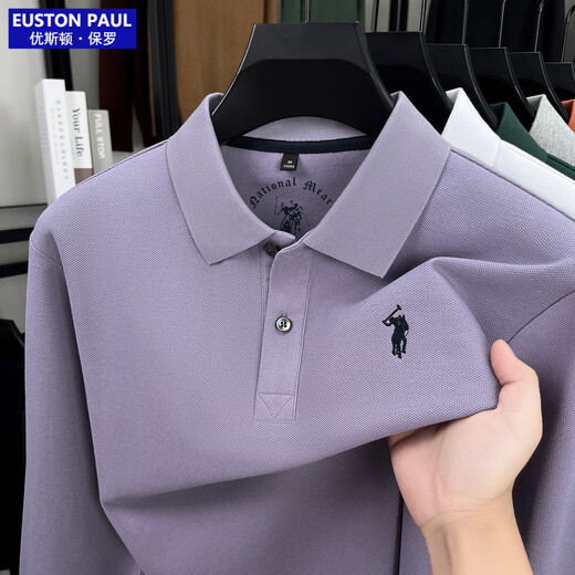 EUSTON PAUL Autumn new style 100% cotton men's long-sleeved T-shirt high-end lapel embroidery versatile POLO shirt for young and middle-aged people Black L (50) Weight 120-140Jin Jin is equal to 0.5 kg