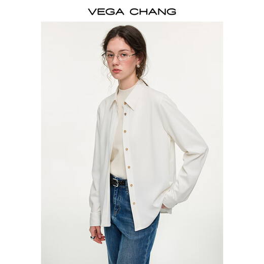 VEGA CHANG Light Blue Maze Light Blue Shirt Women's 2025 New Autumn Basic Versatile Shirt Down Feather White (Jeans) M