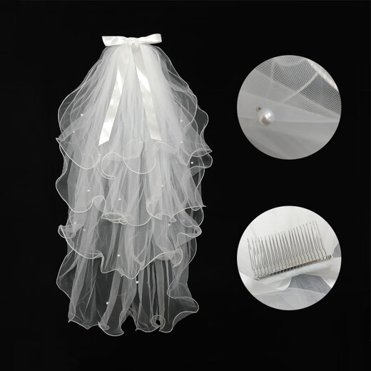 Pang Donglai Quality Proposal Veil White Headdress Get a Certificate Photo Props Bride Wedding Engagement Registration Main Wedding Dress 2 Layers丨 Hairpin [Big Ribbon Bow Curly Ring About 50cm] 60cm-80cm