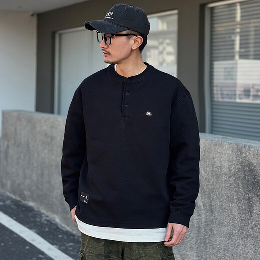 Kuraishi Kazuki American trendy brand Henry collar long-sleeved T-shirt for men 2025 autumn and winter new velvet casual sweatshirt Henry shirt jacket black M 110-130Jin Jin equals 0.5 kg