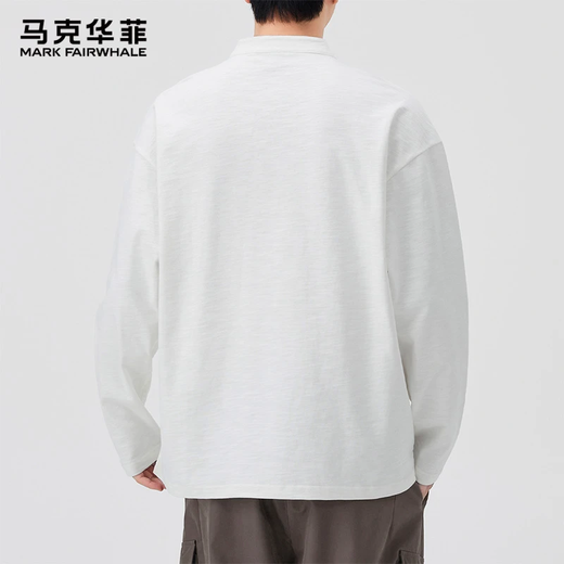 MARK FAIRWHALE American cotton long-sleeved T-shirt men's 2025 autumn sweatshirt casual Henry collar loose bottoming shirt top clothing dark gray XL recommended 130-150Jin Jin equals 0.5 kg