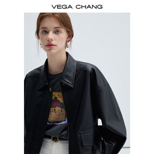VEGA CHANG Black Leather Jacket Women's Autumn Small American Retro Versatile Leather Jacket Motorcycle Black S