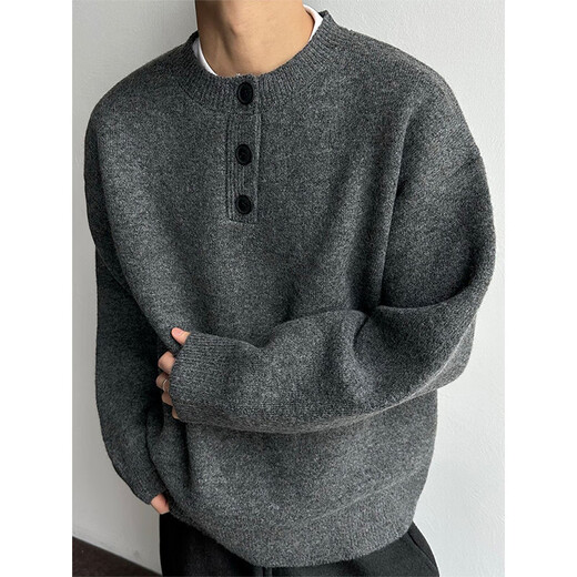 Main style (ZHUYIFAN) Light Gray Henley Collar Plush Sweater Men's Winter Lazy Style Knitted Sweater American Retro Wool Sweater Light Gray Upgraded 90% Buyers Choose XL