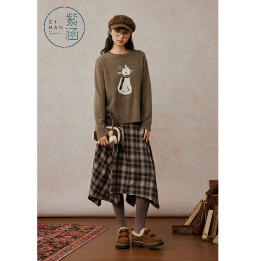 Zihan (ZIHAN) Zihan 100% sheep wool round neck sweater for women 2025 winter new cat jacquard loose pullover sweater Mocha Mousse S