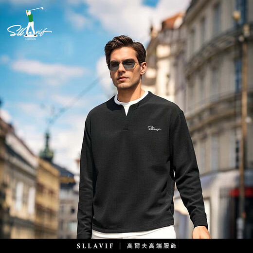 SLLAVIF Henry collar fake two-piece long-sleeved T-shirt men's loose spring waffle casual bottoming shirt black M suitable for 100-125Jin Jin equals 0.5 kg