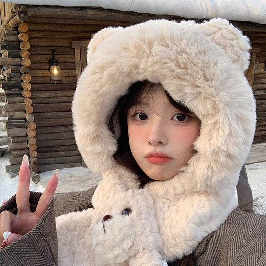 COSMICKISS bear ears hat scarf all-in-one women's winter warm and windproof thickened plush scarf versatile ear protection Lei Feng hat beige