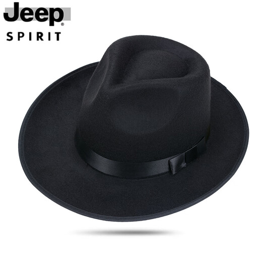 JEEP SPIRIT Shanghai Beach Big Brim Top Hat Men and Women Jazz Hat Black Hat Retro Middle-aged and Elderly Spring Autumn and Winter Woolen Hat Gentleman L142 Large Brim Woolen Black One Size (57-58cm)