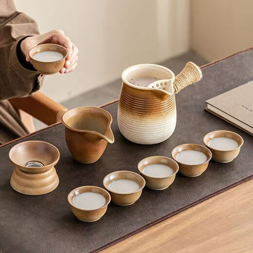 Chinese style roasted milk tea pot with lid, roasted milk tea pot, stove set, large capacity 620 ml, small basic model, brown pot, wooden lid, six cups, filter set, fair cup
