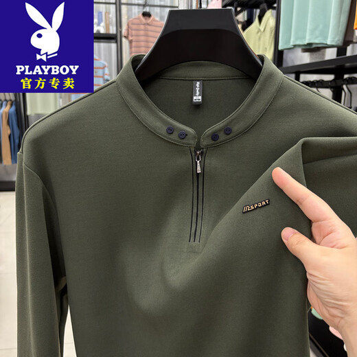 Playboy (PLAYBOY) men's high-end brand autumn Henry collar sweatshirt men's casual sports half-zip T-shirt long-sleeved bottoming shirt for men Army Green PL-25714 M