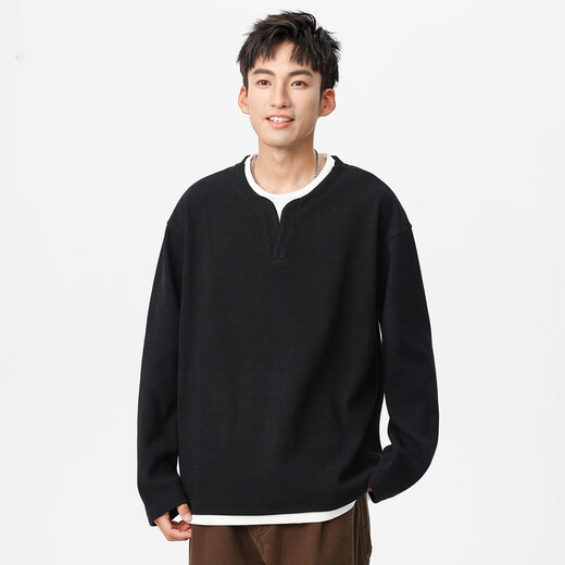 ROMON autumn and winter waffle fake two-piece sweatshirt for men American fashion brand V-neck Henry long-sleeved T-shirt for men 2025 new bottoming shirt 536 black sweatshirt XL size 140-160Jin Jin equals 0.5 kg