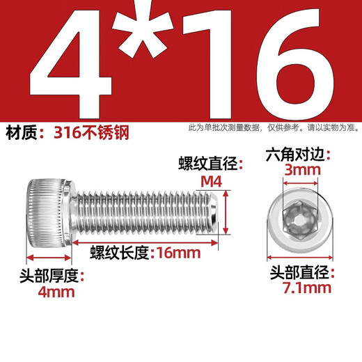 Tianzhuo Hardware 316 stainless steel hexagon socket screws bolts cylindrical head cup head M2M3M4M5M6M8M10M12M14-24 M4*16-20 pieces