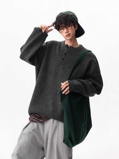 OEMG American retro Henry collar sweater men's autumn and winter thickened warm top sweater long-sleeved base coat dark gray XL recommended 110-130Jin Jin equals 0.5 kg