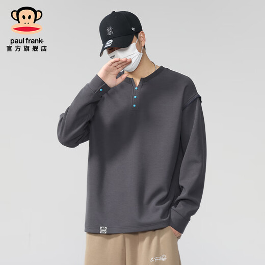Big Mouth Monkey (paul frank) American trendy Henry collar sweatshirt for men spring and autumn new men's fashion versatile loose long-sleeved casual bottoming shirt floral gray + apricot discount two pieces 4XL recommended 170-190Jin Jin equals 0.5 kg