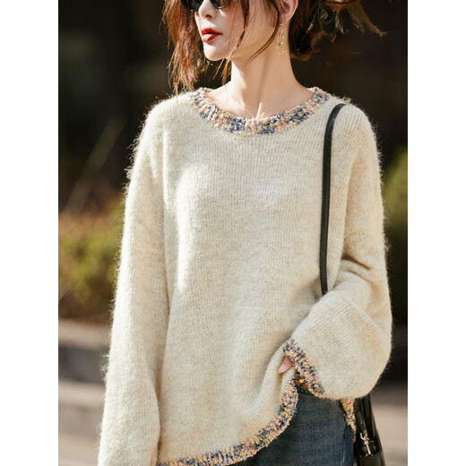 La Chapelle French heavy industry small fragrant style pullover sweater for women 2025 autumn and winter new loose slimming and good-looking knitted bottoming shirt beige one size 90-140Jin Jin equals 0.5 kg