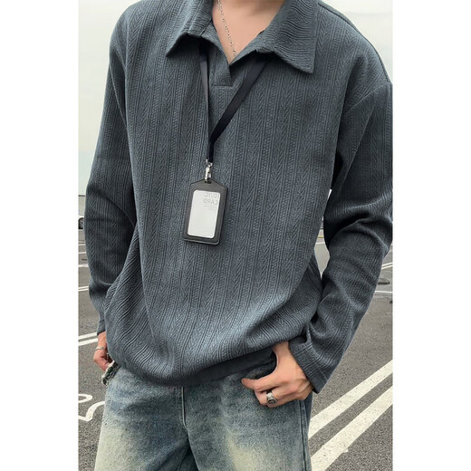 NYING wheat ear pattern long-sleeved polo shirt for men 25 autumn and winter new American fashion brand casual long-sleeved t-shirt large size loose dark gray XL (130-150Jin Jin equals 0.5 kg)