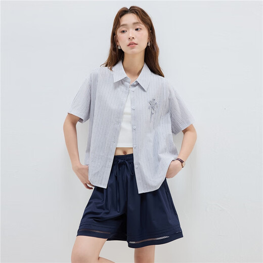 佐丹奴设计师款条纹衬衫女夏季钩花宽松短袖休闲衬衫18345809