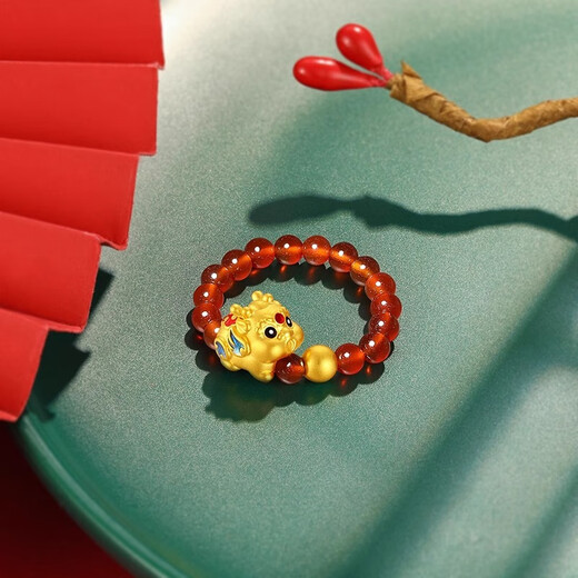 Chao Hongji Gold Swallowing Beast Pixiu Red Agate Pure Gold Gold Ring Women's Bracelet for Girlfriend Birthday Gift Elastic Cord