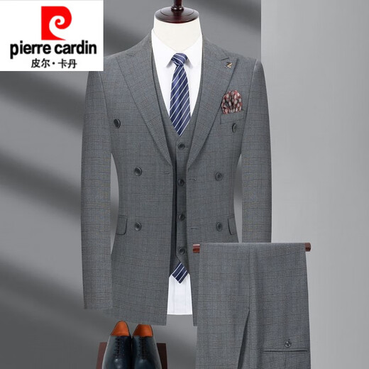 Pierre Cardin high-end authentic double-breasted wool suit suit for men autumn and winter business casual iron-free suit jacket gentleman's dress dark gray double-breasted double slit (suit + pants) XL 180 size
