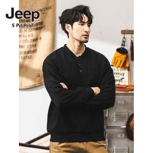 JEEP SPIRIT Jeep retro sweatshirt men's autumn trendy Henry collar half cardigan jacket men's spring and autumn long-sleeved POLO shirt men's black 350g heavyweight XL suitable for 145-160Jin Jin equals 0.5 kg
