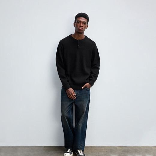 CHINISM Red Dust Anti-pilling Micro Loose Henley Neck Sweater Winter Men's Sweater Black S