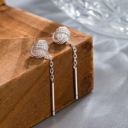 Pupan Lao Phoenix 9999 Sterling Silver Auspicious Ruyi Knot Ear Wire Women's Earrings Short Tassel Ear Chain Simple Earrings Auspicious Ruyi Knot Ear Wire 6mm+4mm Two Pairs of Lao Fengxiang Same Style