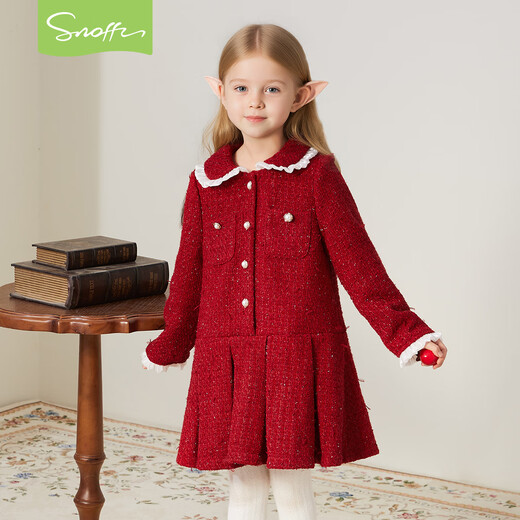 Snuffy Girls New Year's Eve Princess Dress Autumn and Winter New Year Red Little Fragrance Dress Elegant and Western Lychee Red 130