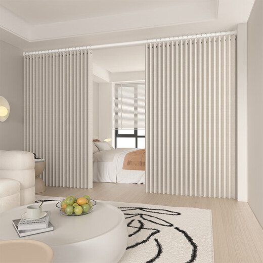 Folding partition curtains can be installed without drilling, invisible in the living room, bedroom curtains, door curtains, screens, hanging curtains, waterproof and semi-shading, imitation linen - off-white + magnetic suction, suitable for wall width 360-410, curtain width 270*270, double-piece rod delivery