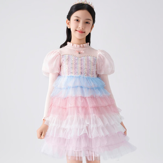 Disney (Disney) children's dress long-sleeved skirt autumn and winter knitted mesh princess dress TD3EQ007 rainbow pink 110