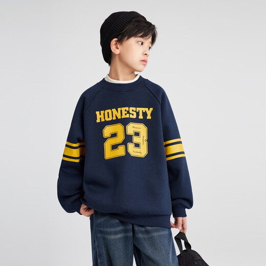 Zuoxi boys' fleece sweatshirt 2025 new autumn and winter children's letter round neck tops for big children trendy navy 160