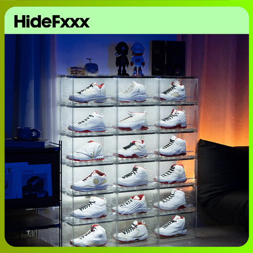 HideFxxx voice-activated light shoe box PET transparent sneaker storage box LED light-emitting display wall cabinet can hold 54 yards. No installation required. Fully transparent with 16 lights. Free power adapter 380x285x230mm